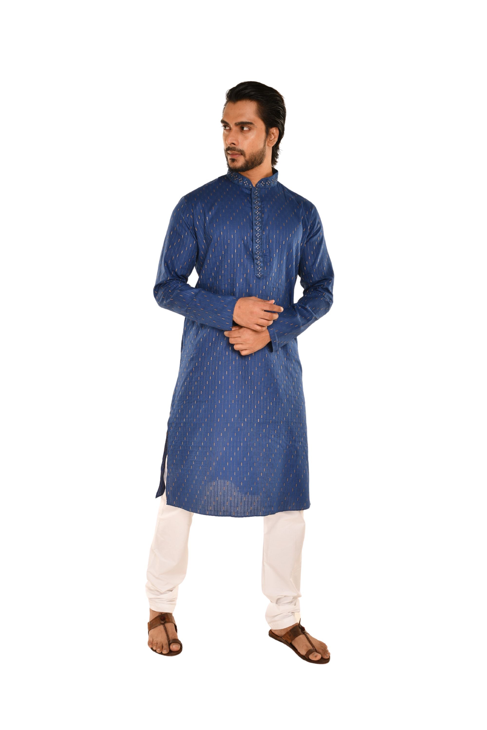 Cotton Embroidered Slim Fit Long Kurta Royal Blue