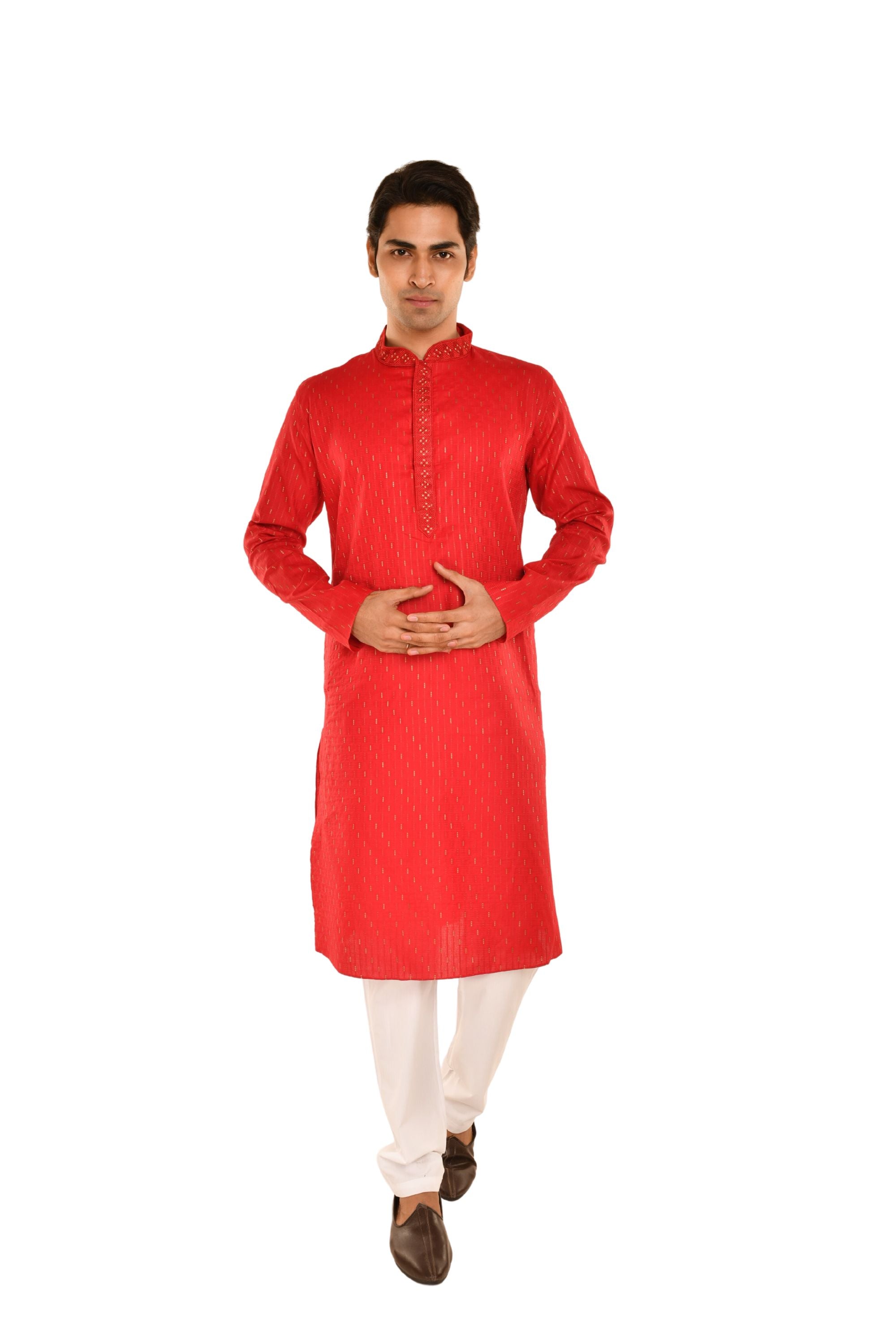 Cotton Embroidered Slim Fit Long Kurta Red
