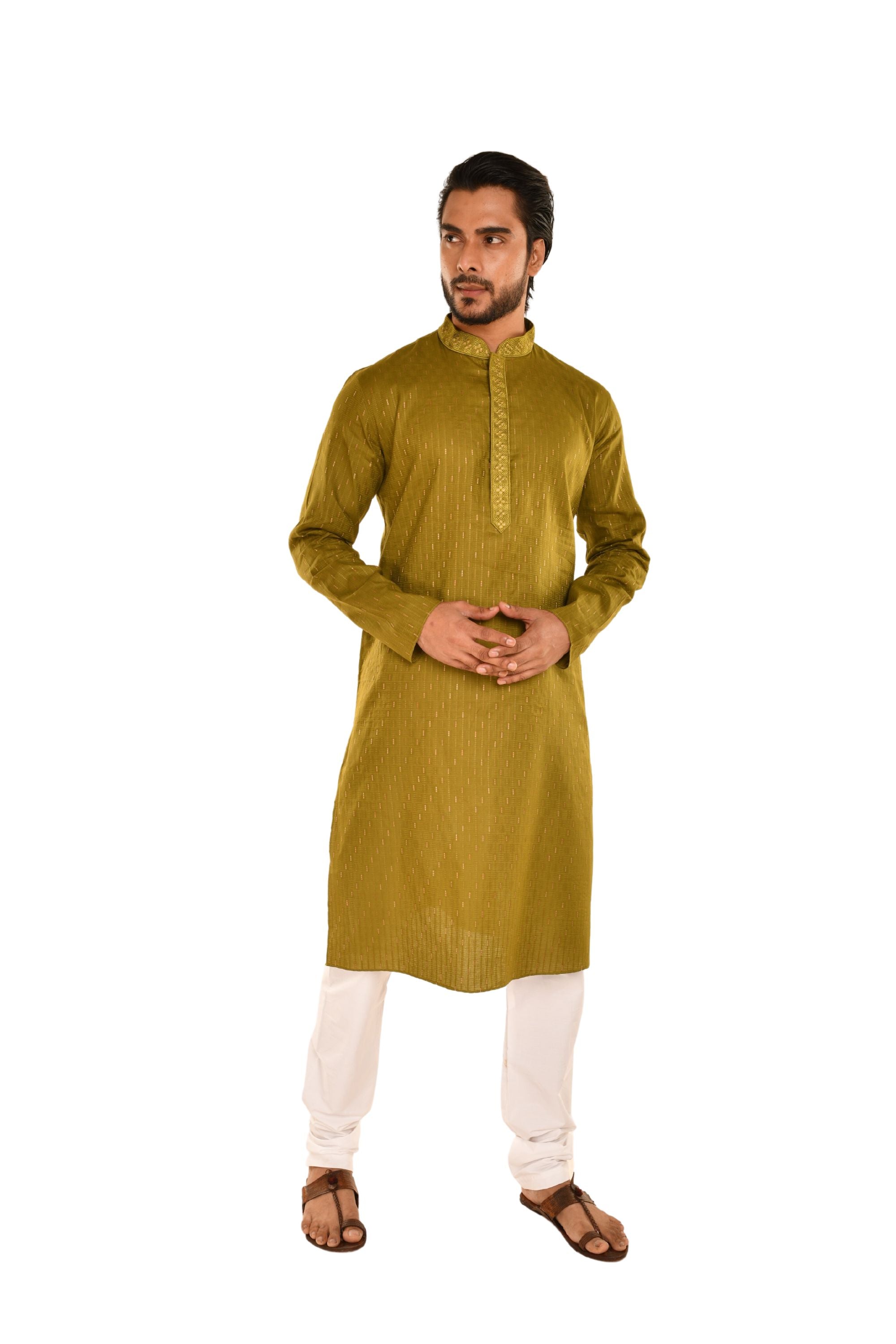 Cotton Embroidered Slim Fit Long Kurta Mehndi