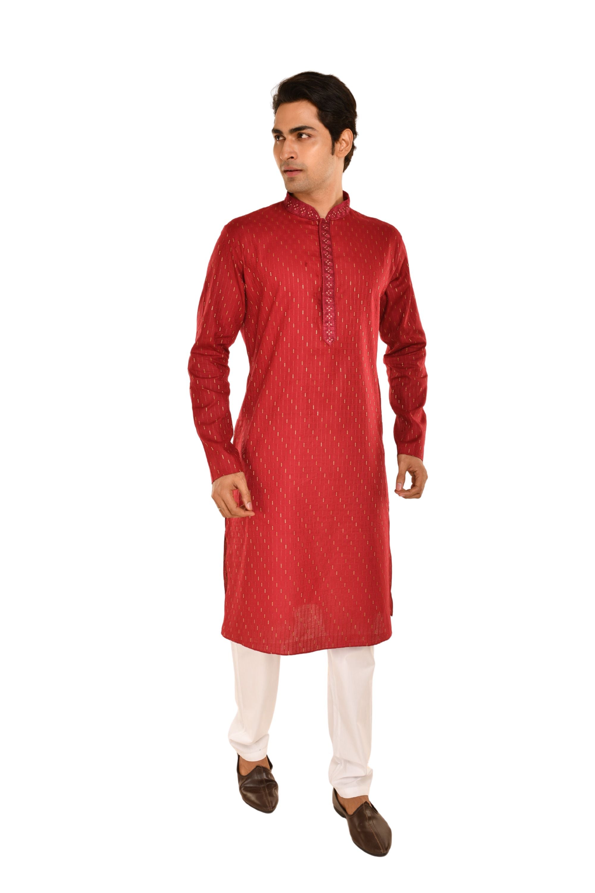Cotton Embroidered Slim Fit Long Kurta Maroon