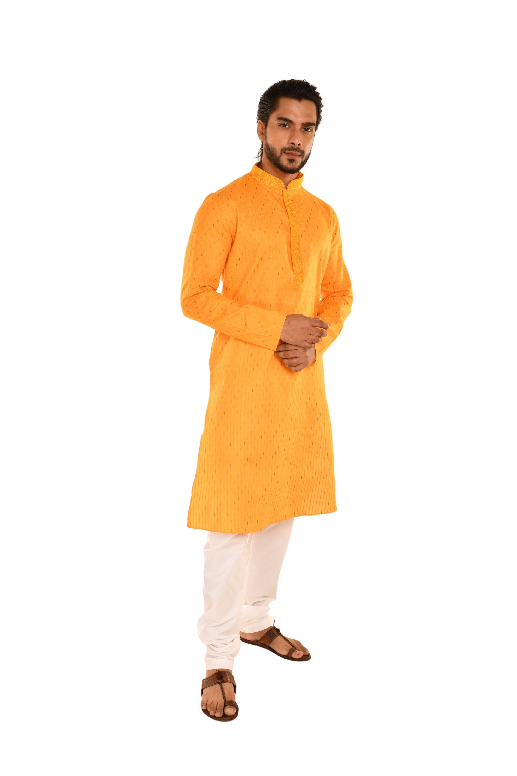 Cotton Embroidered Slim Fit Long Kurta Yellow
