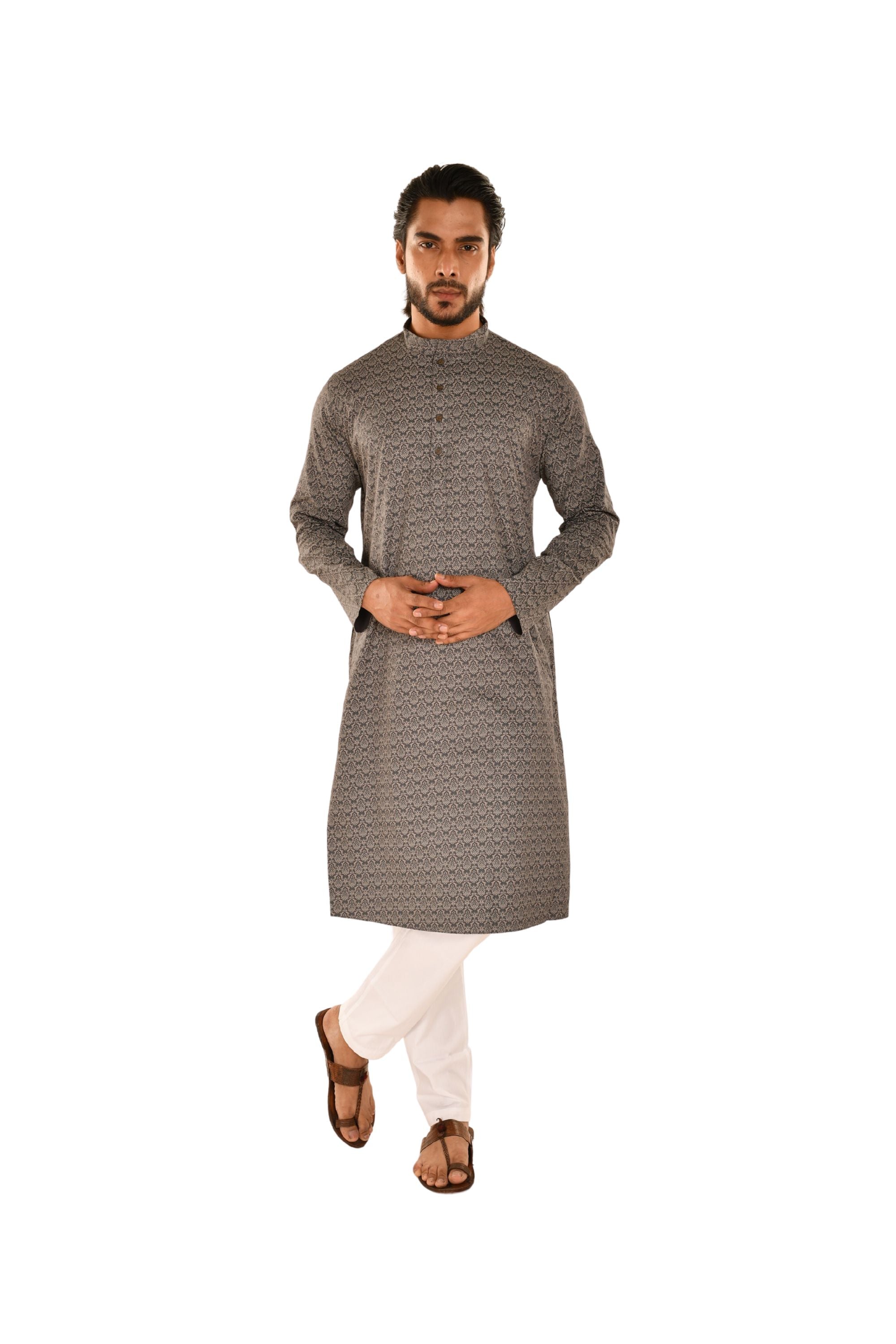 Grey Cotton Printed Straight Kurta