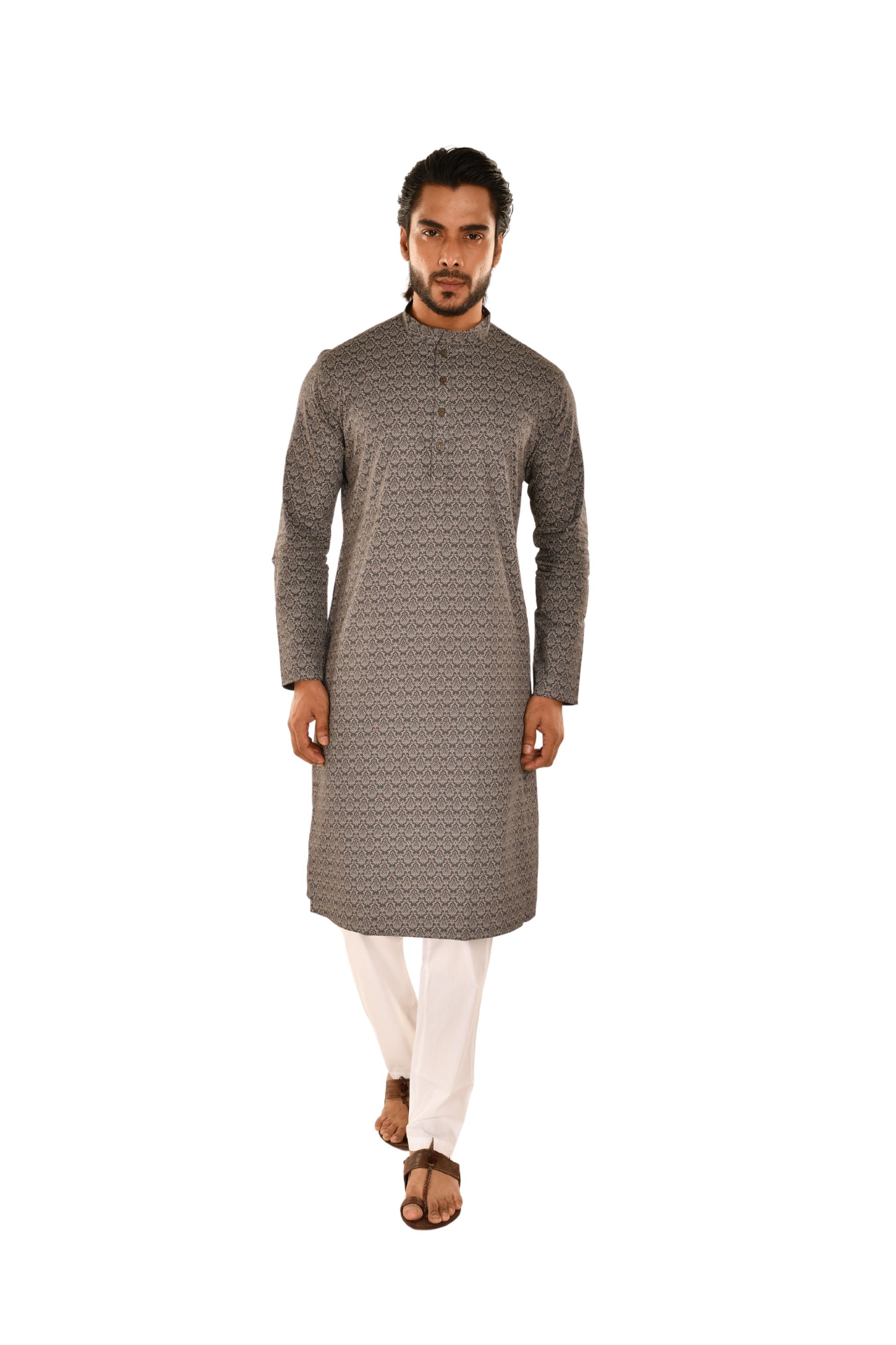 Grey Cotton Printed Straight Kurta