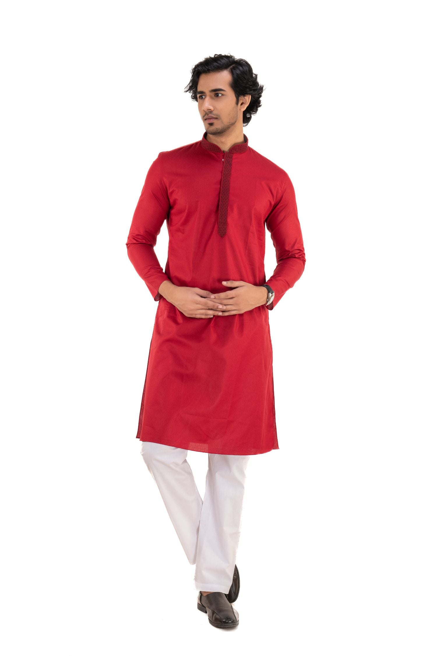Cotton Embroidered Kurta Maroon L(40)