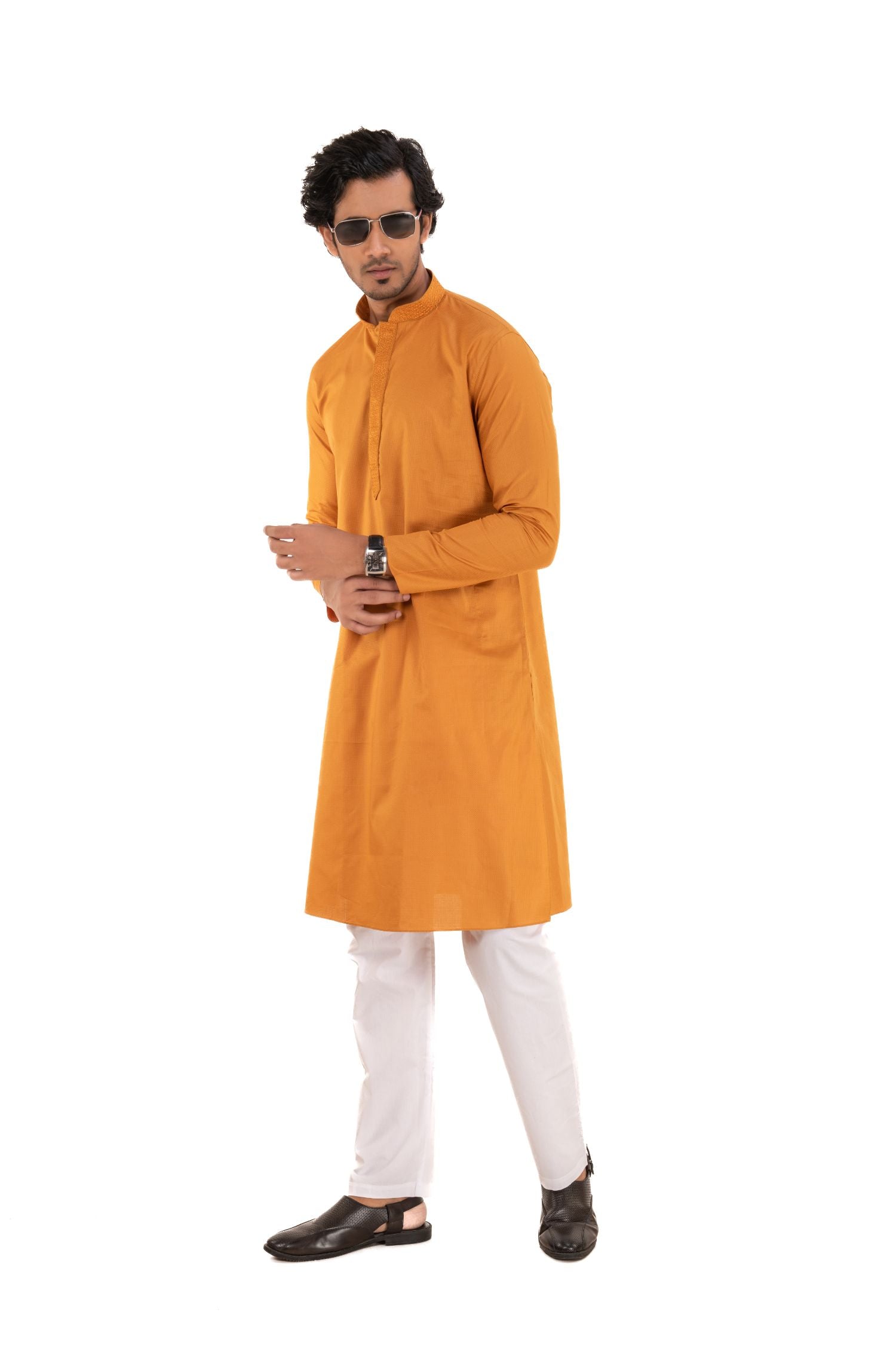 Cotton Embroidered Kurta Mustard