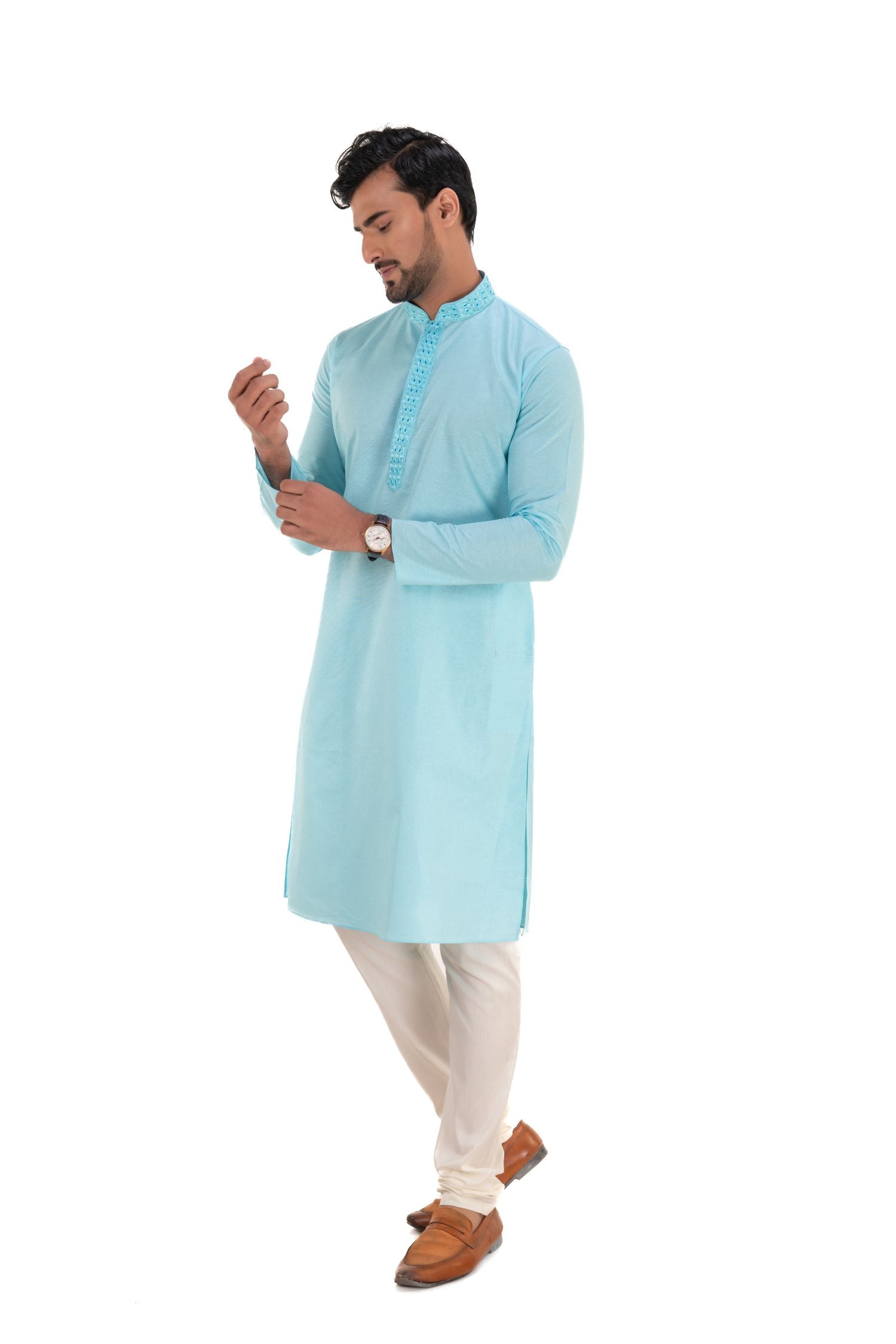 Cotton Embroidered Solid Kurta Sky Blue