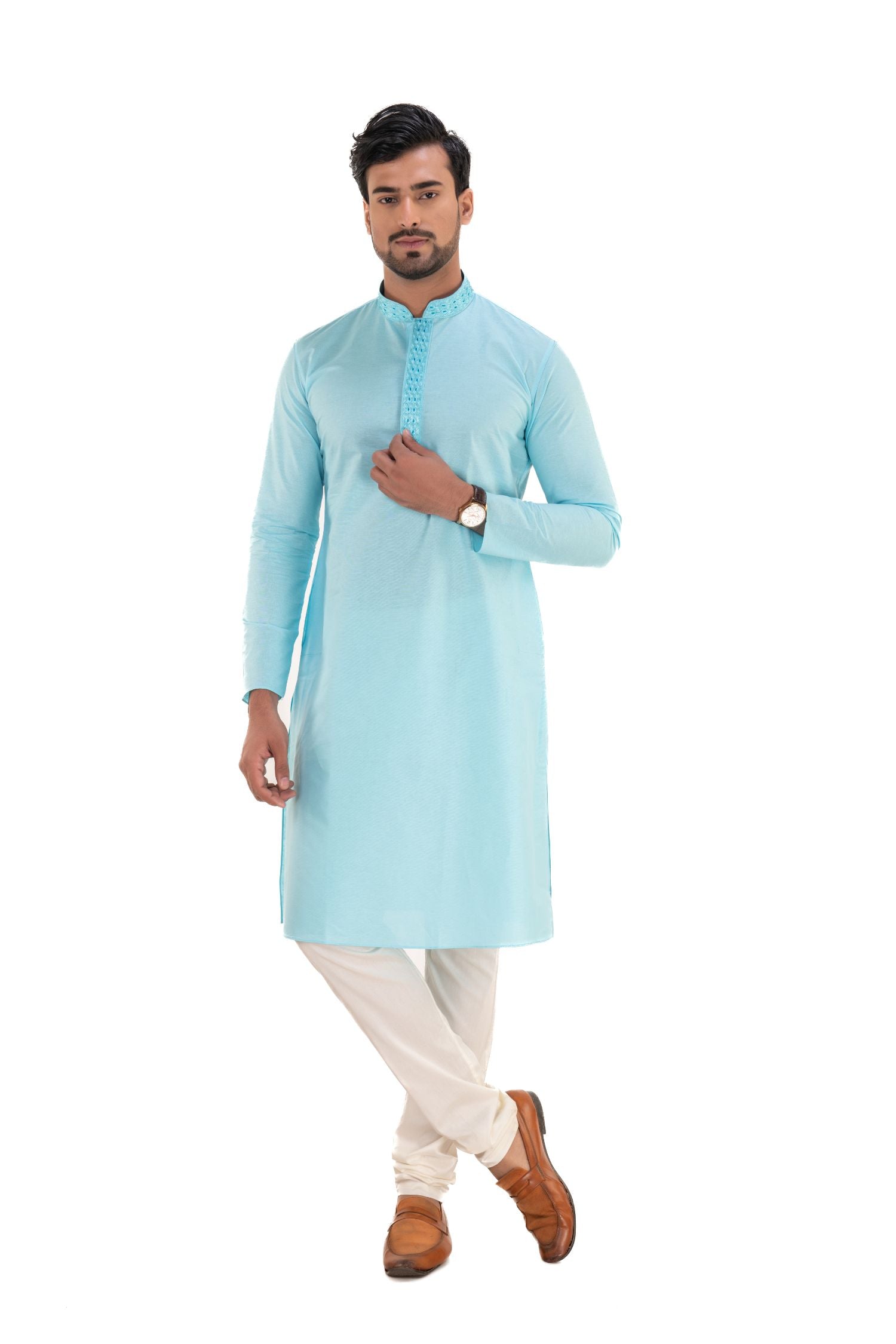 Cotton Embroidered Solid Kurta Sky Blue XL(42)
