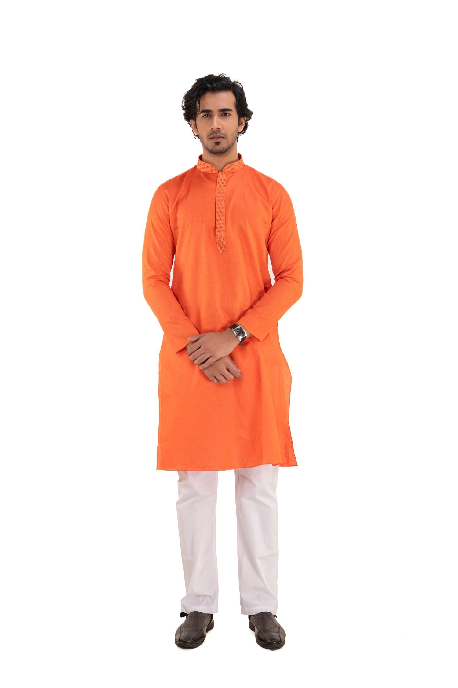 Solid Mandarin Collar Kurta Orange