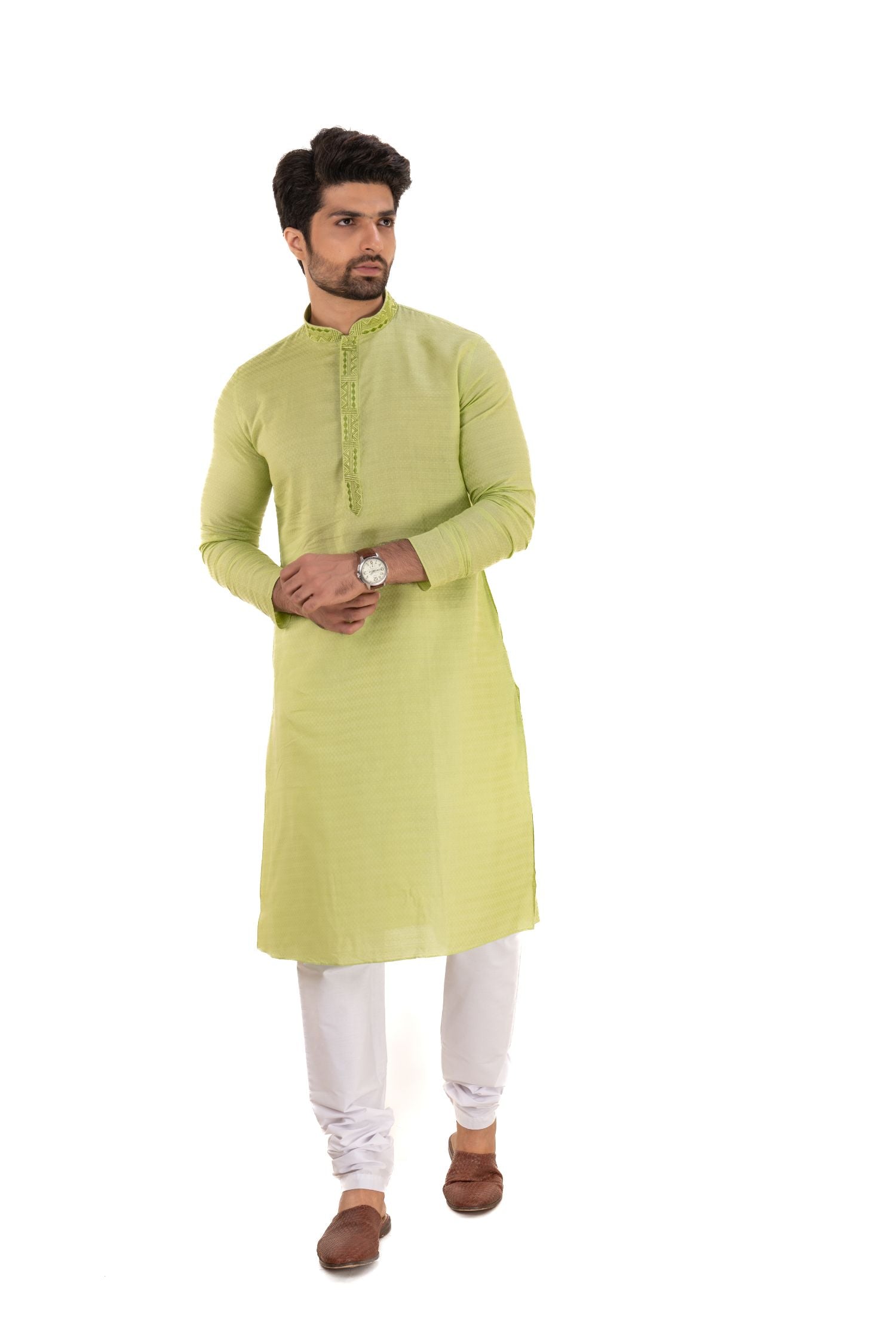 Self Printed Kurta with Neck Embroidery Light Green