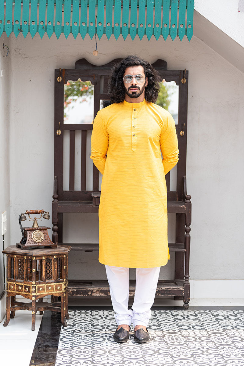 Cotton Kurta with Horizontal Stripes Yellow