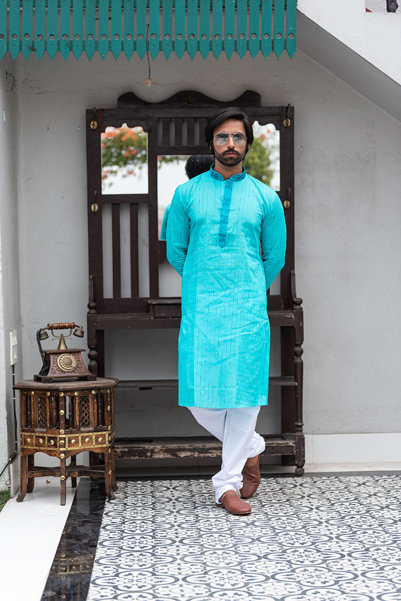 Cotton Bengali Style Men's Kurta Sky Blue