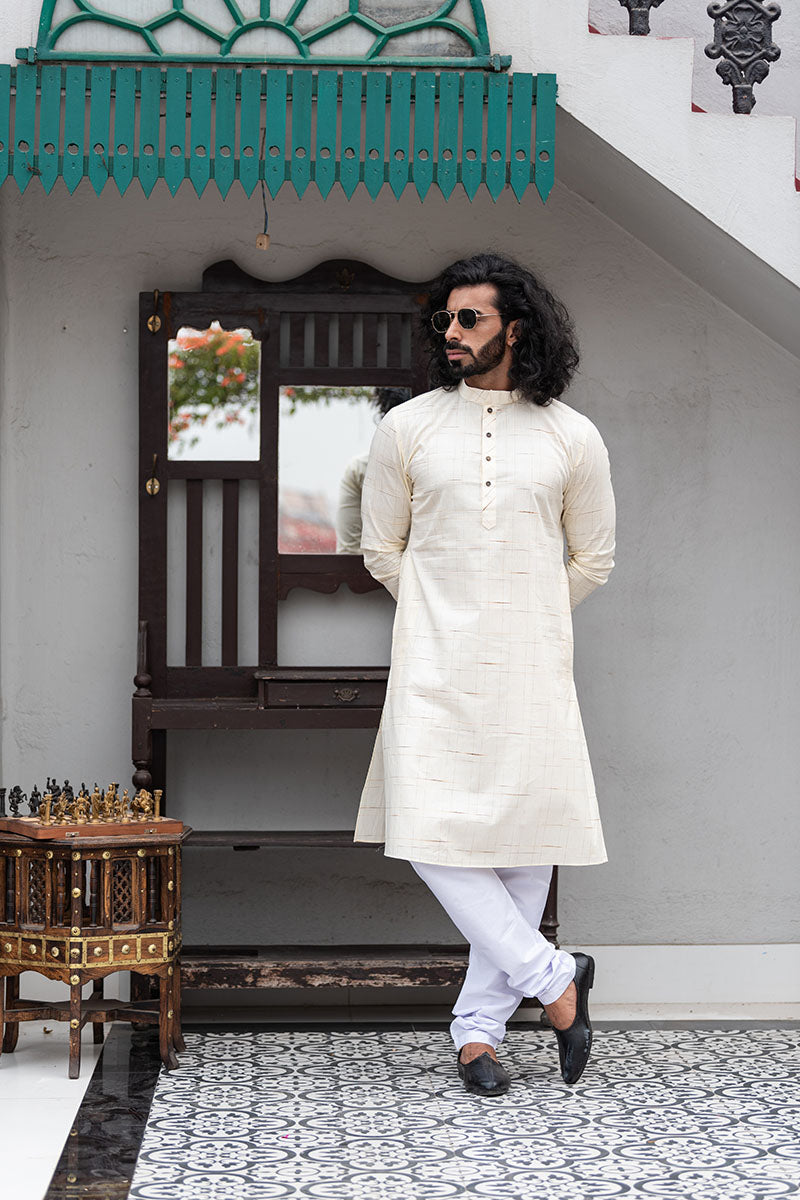 Straight Fit Checkered Cotton Kurta Cream