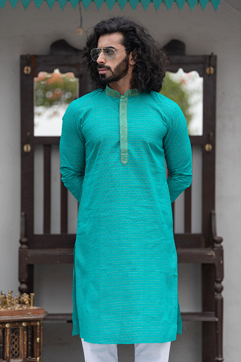 Self Printed Kurtas with Neck Embroidery Turquoise