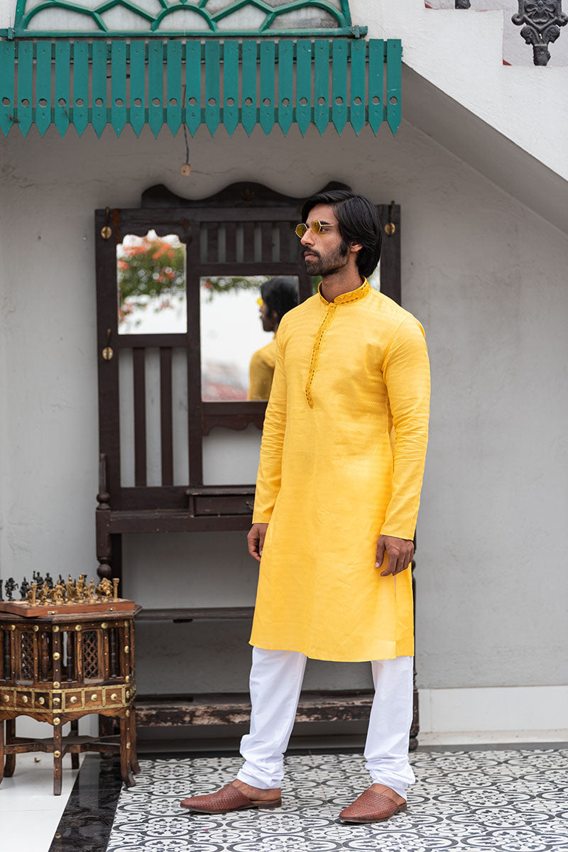 Self Printed Kurta with Neck Embroidery Bright Yellow