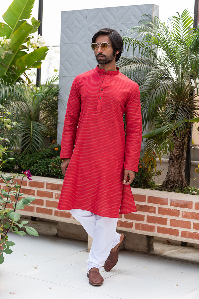 Cotton Kurta with Horizontal Stripes Red
