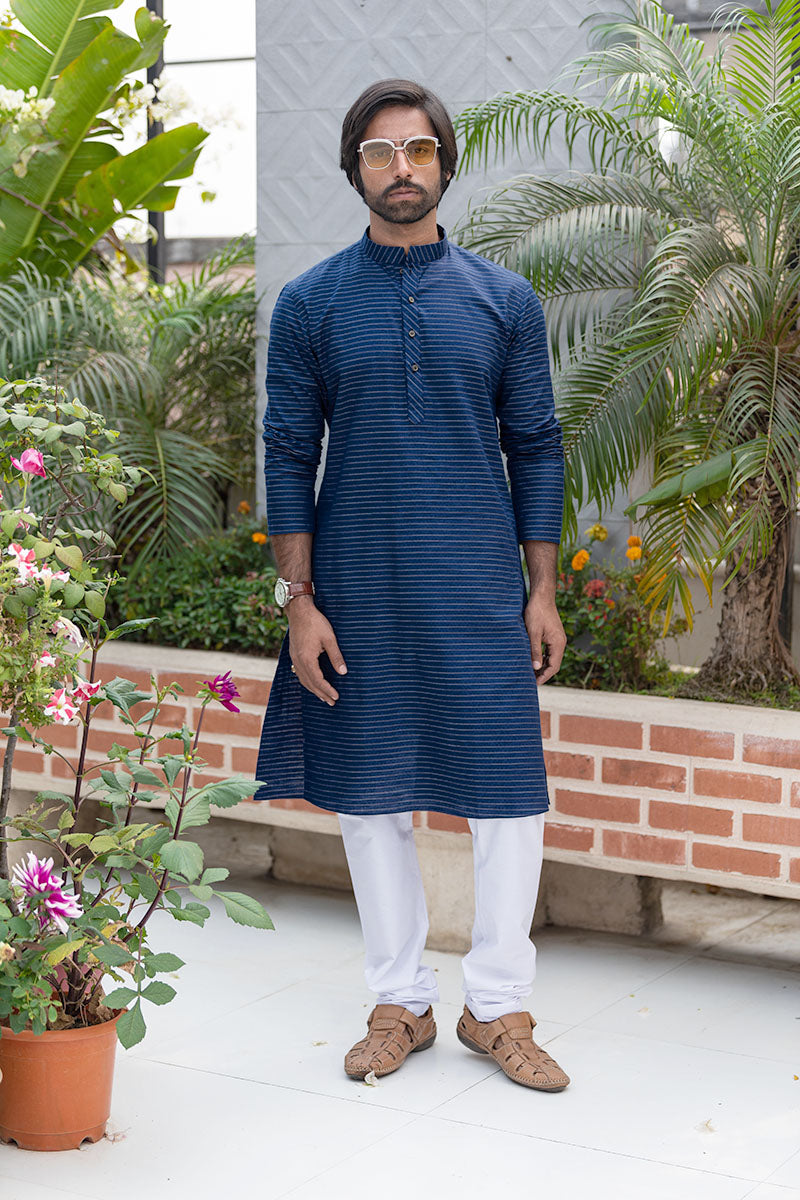 Cotton Kurta with Horizontal Stripes Navy Blue
