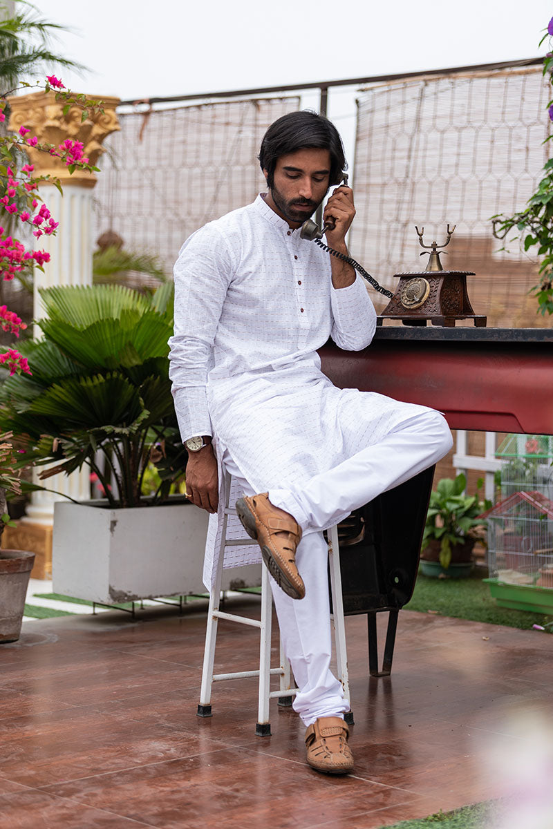 Woven Design Cotton Kurta White