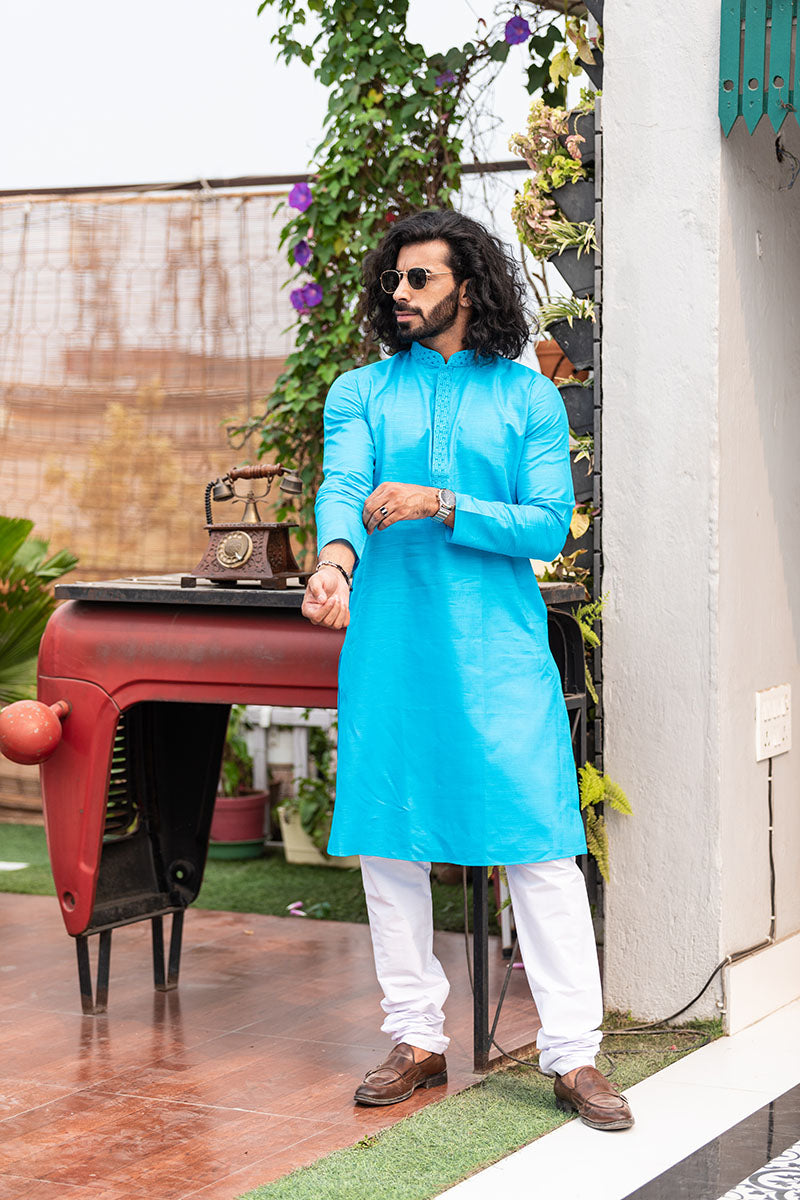 Men's Long Kurta with Embroidered Mandarin Collar Sky Blue