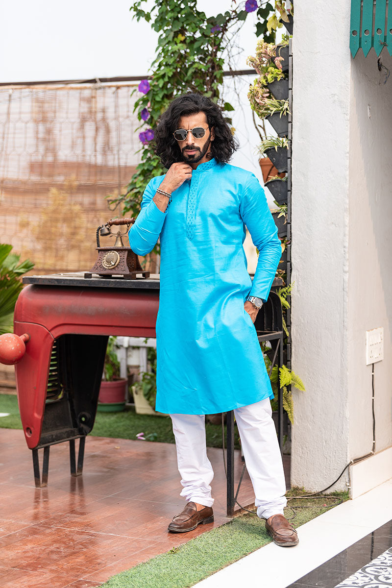 Men's Long Kurta with Embroidered Mandarin Collar