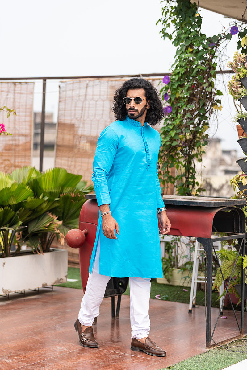 Men's Long Kurta with Embroidered Mandarin Collar