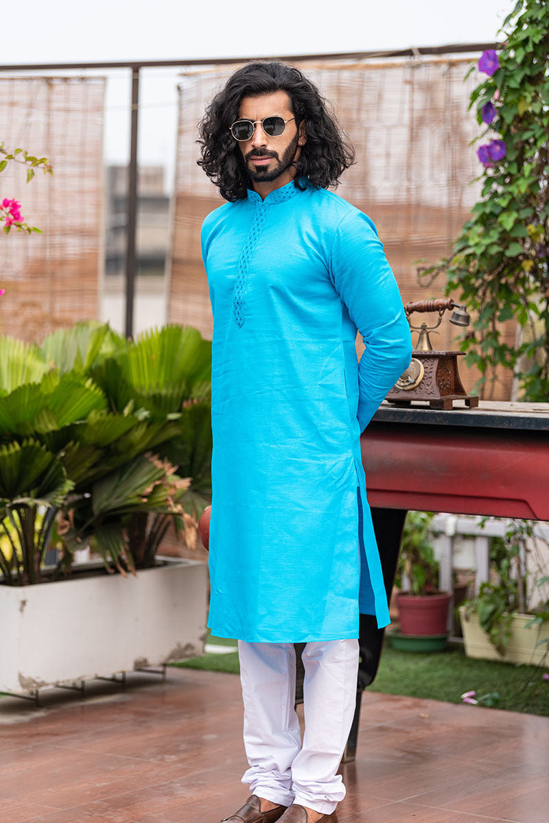Men's Long Kurta with Embroidered Mandarin Collar