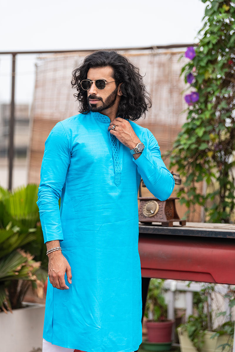 Men's Long Kurta with Embroidered Mandarin Collar
