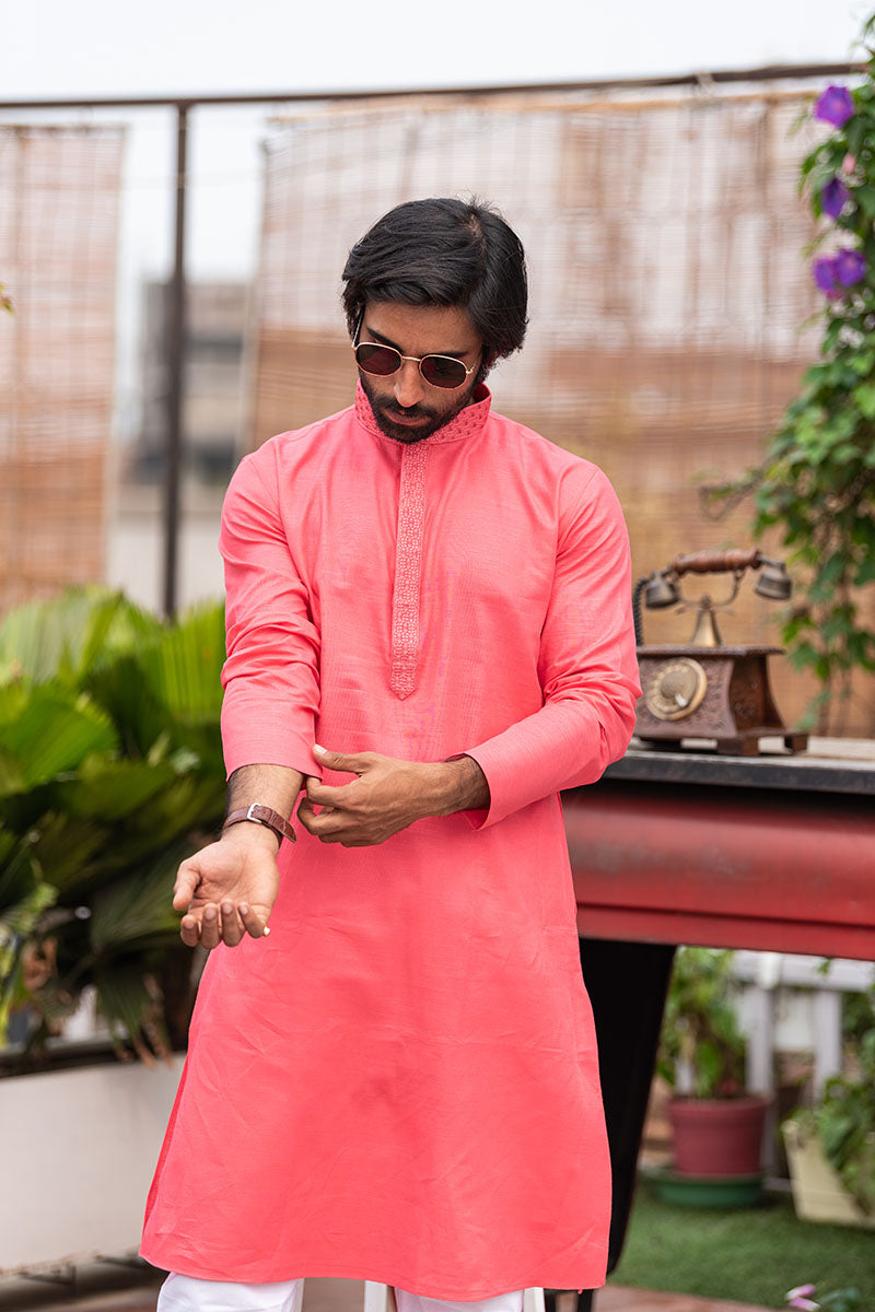 Men's Long Kurta with Embroidered Mandarin Collar Pink