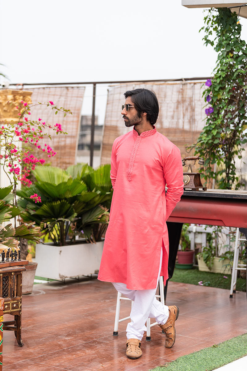 Men's Long Kurta with Embroidered Mandarin Collar