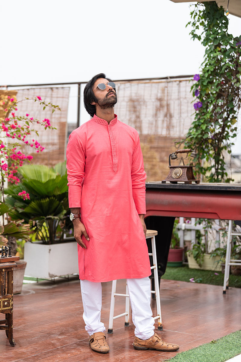 Men's Long Kurta with Embroidered Mandarin Collar