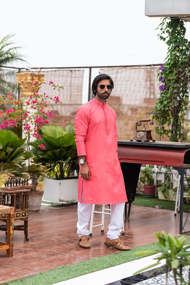 Men's Long Kurta with Embroidered Mandarin Collar