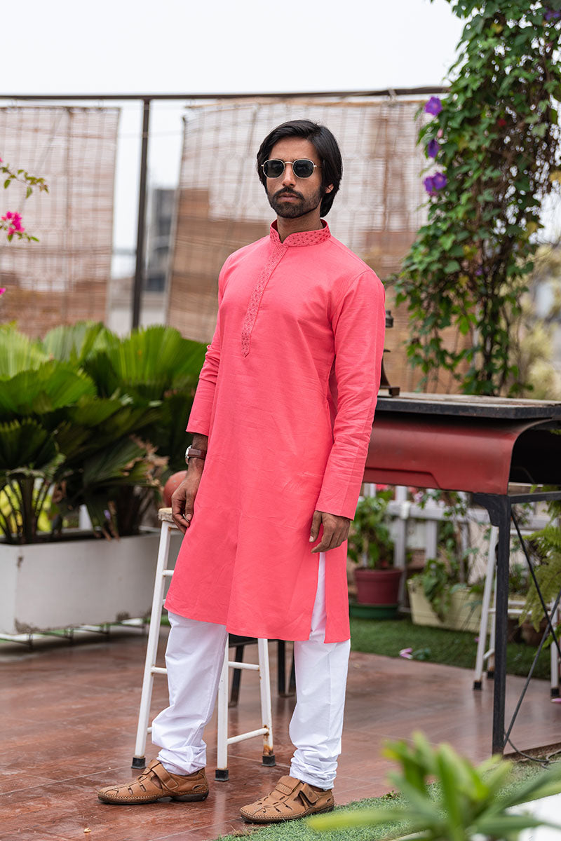 Men's Long Kurta with Embroidered Mandarin Collar