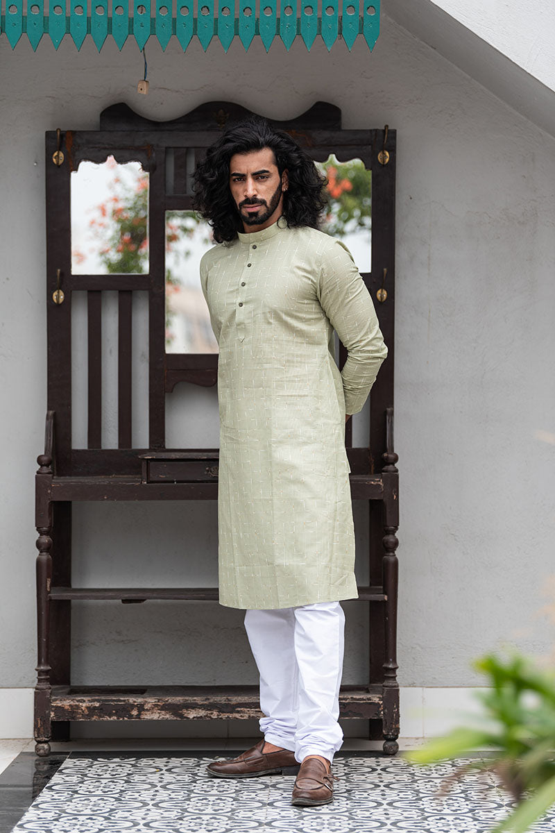 Straight Fit Checkered Print Cotton Kurta Saga Green