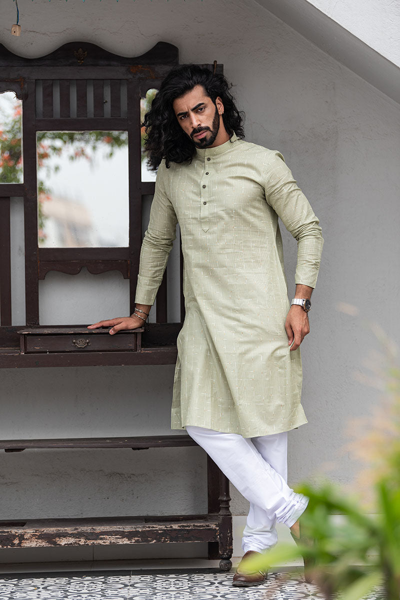 Straight Fit Checkered Print Cotton Kurta
