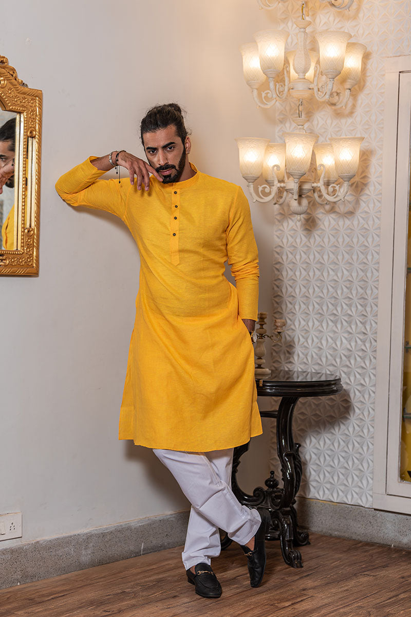 Premium Linen Kurtas for Men Golden Yellow