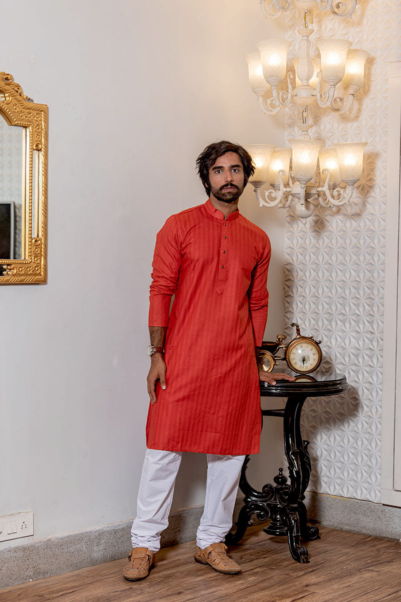 Cotton Kurta with Self Vertical Stripes