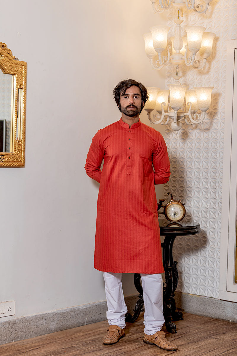Cotton Kurta with Self Vertical Stripes Red