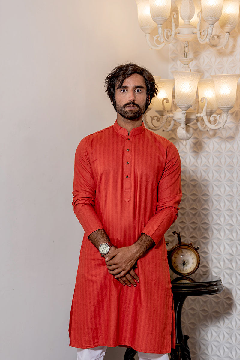 Cotton Kurta with Self Vertical Stripes