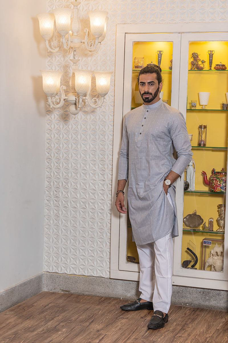 Straight Fit Checkered Print Cotton Kurta Grey