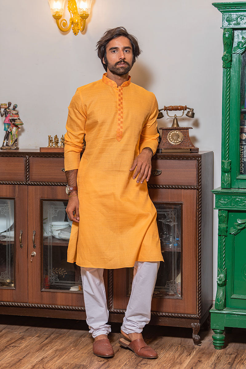 Plain Kurtas with Horizontal Self Stripes Orange