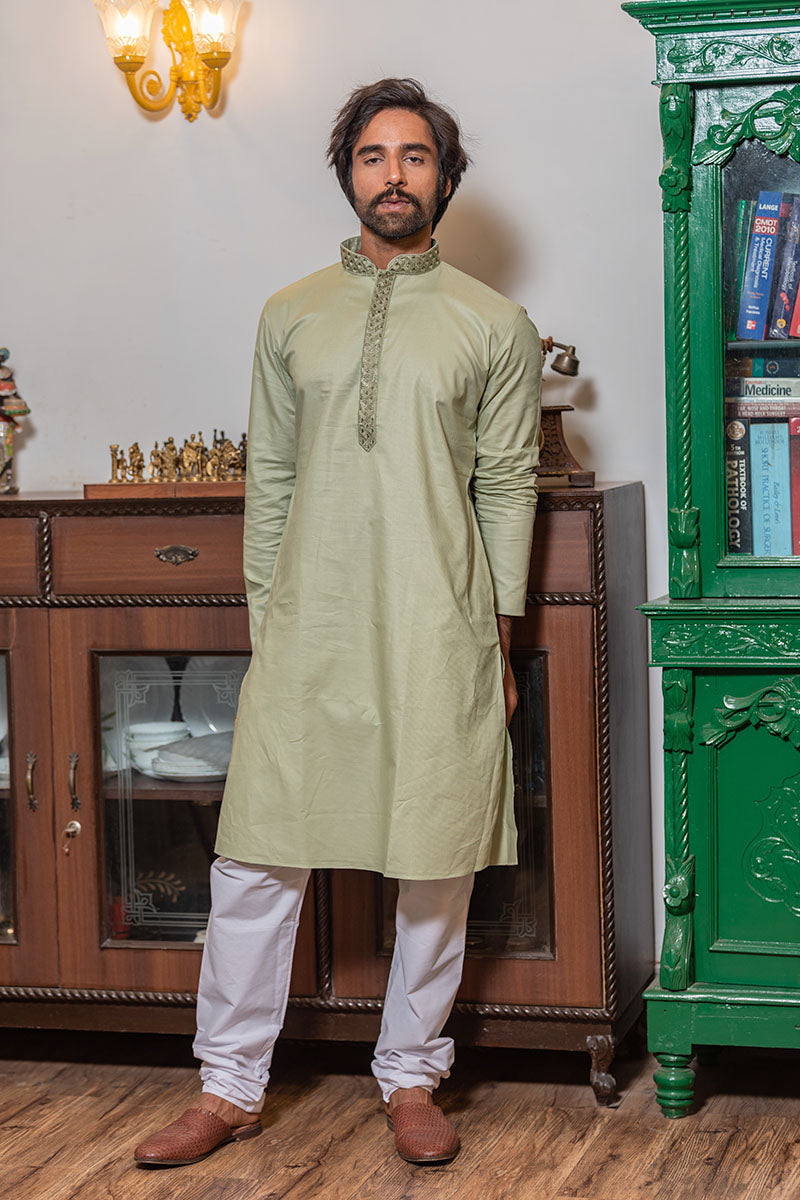 Thread Embroidered Cotton Kurta Pista Green
