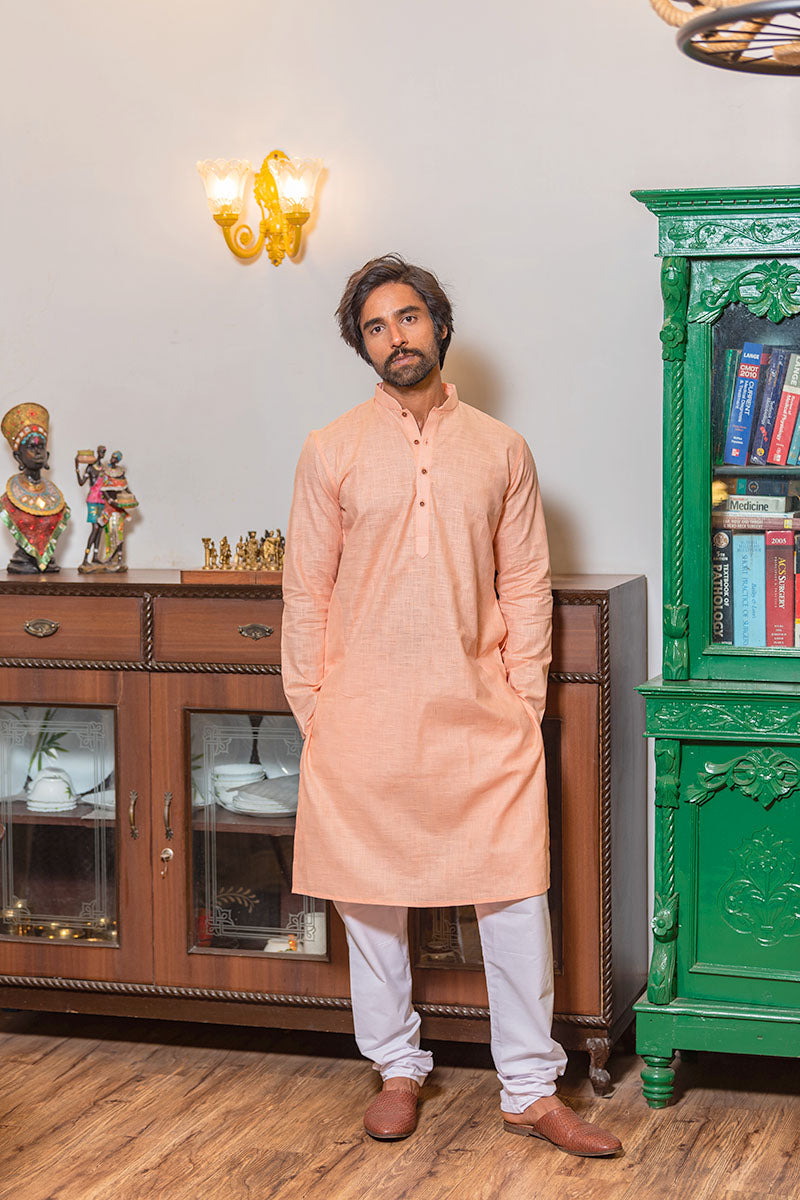 Self Textured Cotton Kurta Peach