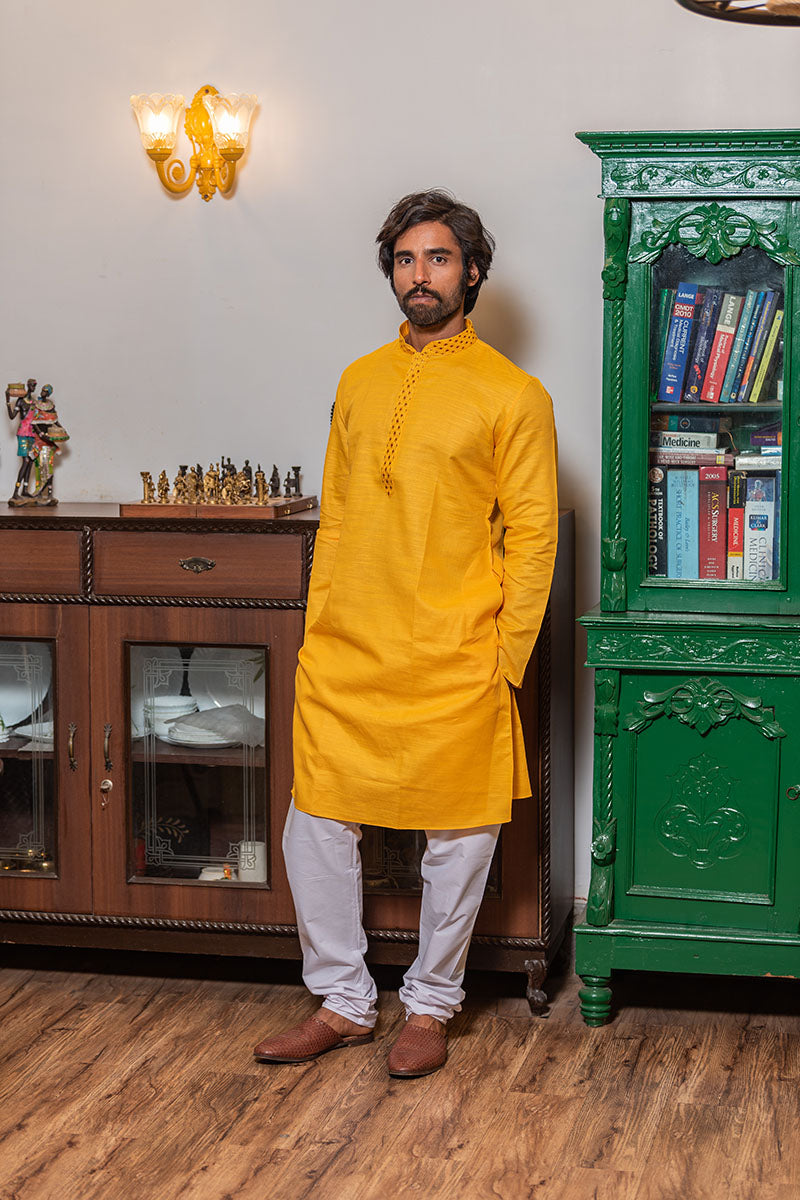 Men's Long Kurta with Embroidered Mandarin Collar Yellow