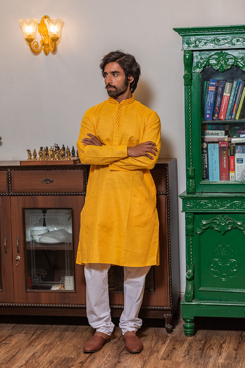 Men's Long Kurta with Embroidered Mandarin Collar