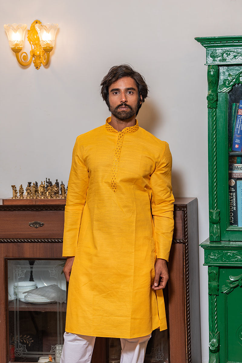 Men's Long Kurta with Embroidered Mandarin Collar