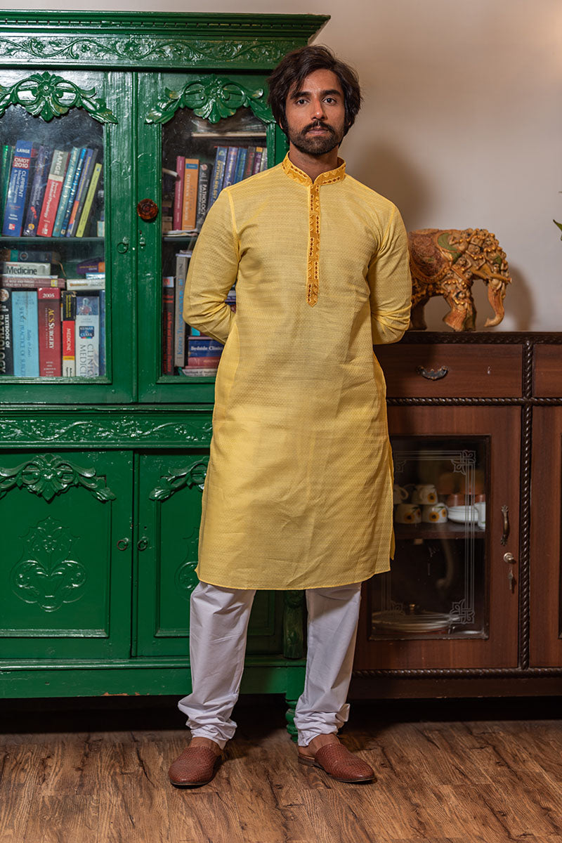 Self Printed Kurta with Neck Embroidery Yellow