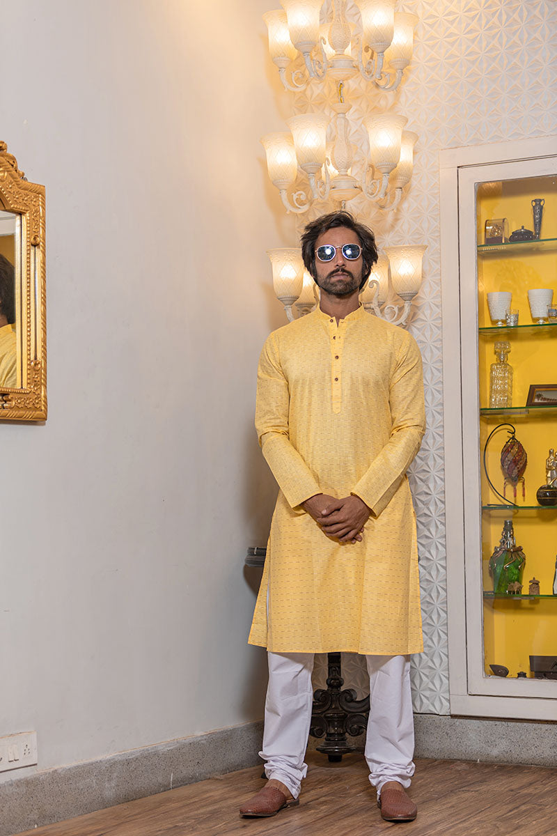 Woven Design Cotton Kurta Yellow