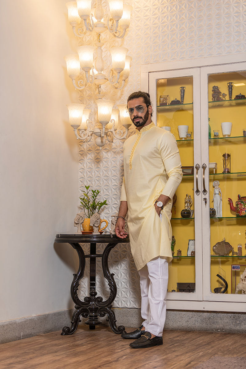 Thread Embroidered Cotton Kurta Lemon Yellow