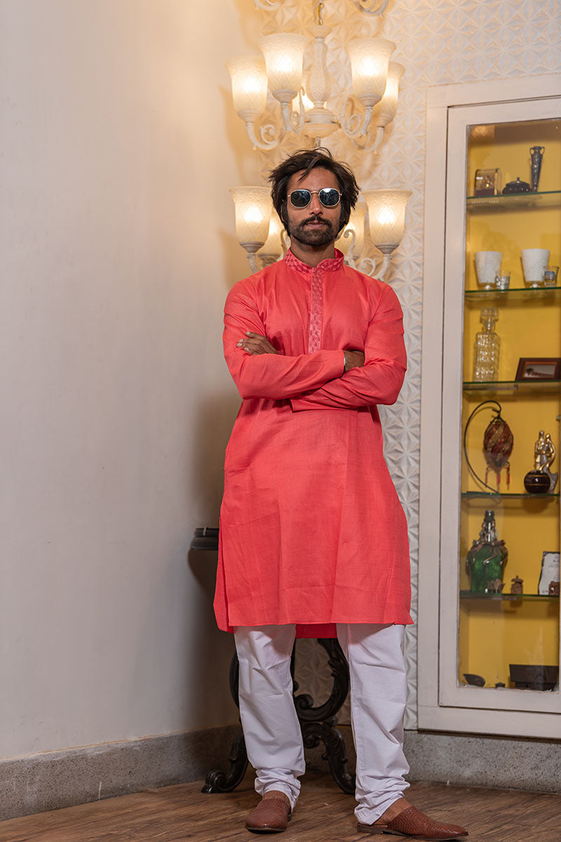 Solid Mandarin Collar Kurta Vermillion Red