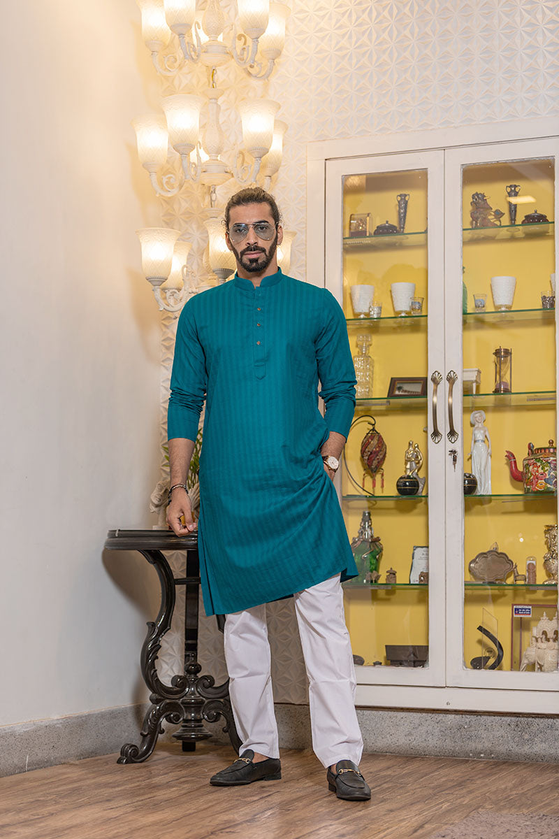 Cotton Kurta with Self Vertical Stripes Teal