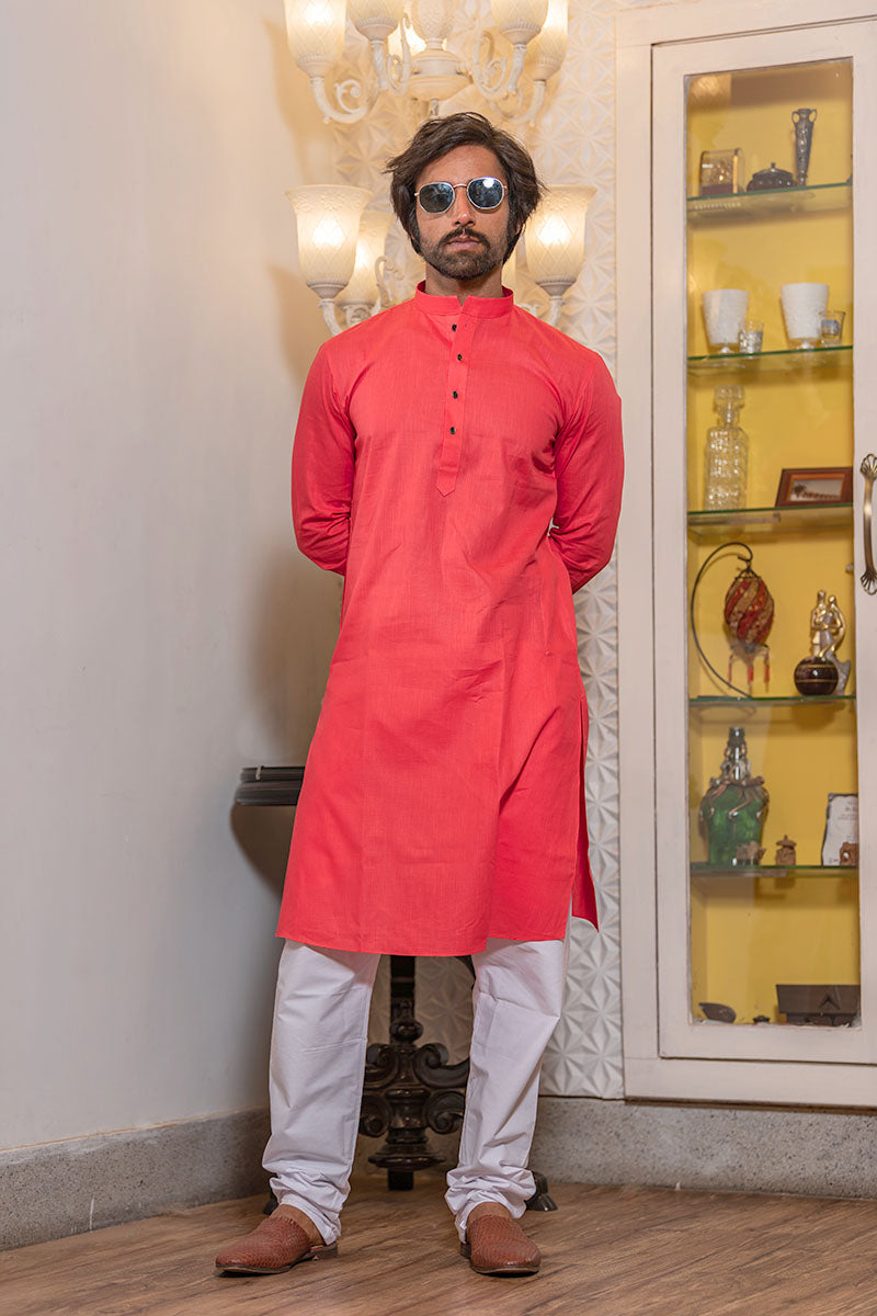 Criss Crossed Striped Kurta Vermillion Red